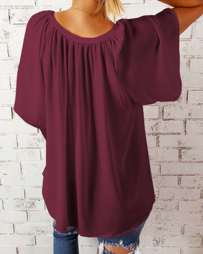 Gathered Detail Notched Neck Flutter Sleeve Top 