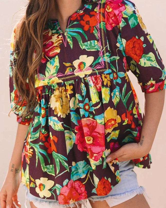 Flower Embroidered Trim Half Sleeve Blouse Floral