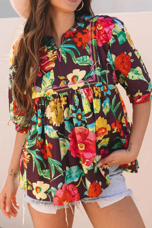 Flower Embroidered Trim Half Sleeve Blouse Floral
