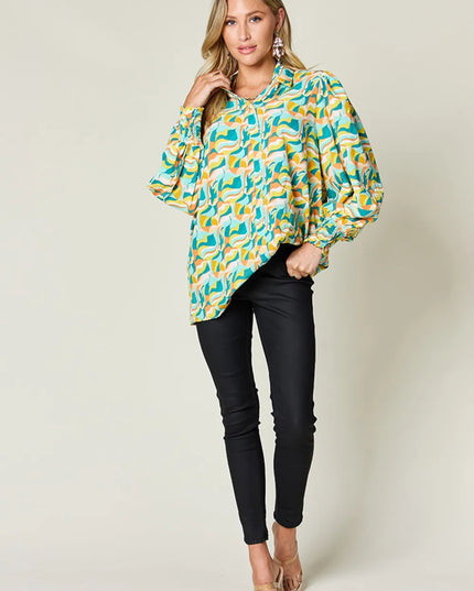 Double Take Full Size Printed Smocked Long Sleeve Blouse