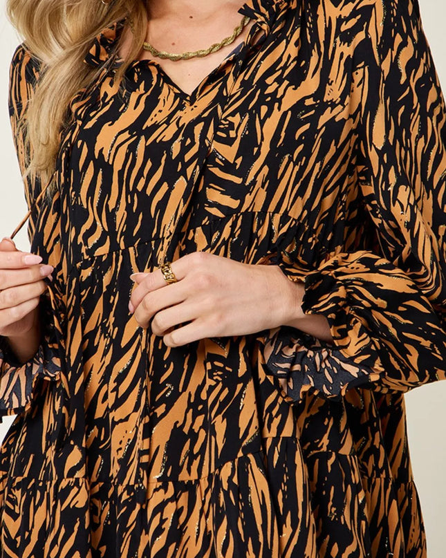 Double Take Full Size Printed Ruffle Hem Long Sleeve Dress