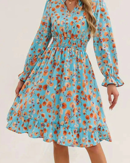 Floral Print Flounce Sleeve Ruffle Hem Dress