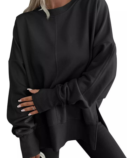 Side Slit Round Neck Long Sleeve Sweatshirt Black