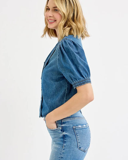 RISEN Button Down Puff Sleeve Crop Denim Shirt