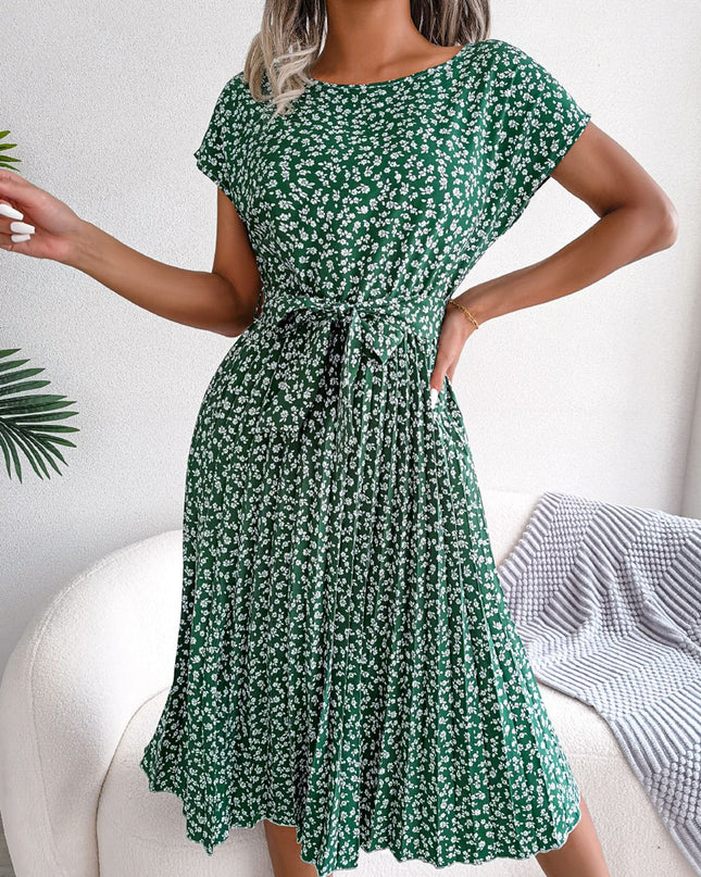 Ditsy Floral Pleated Belted Dress Green