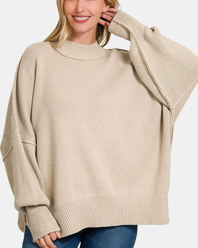 Zenana Side Sit Oversize Sweater H Beige