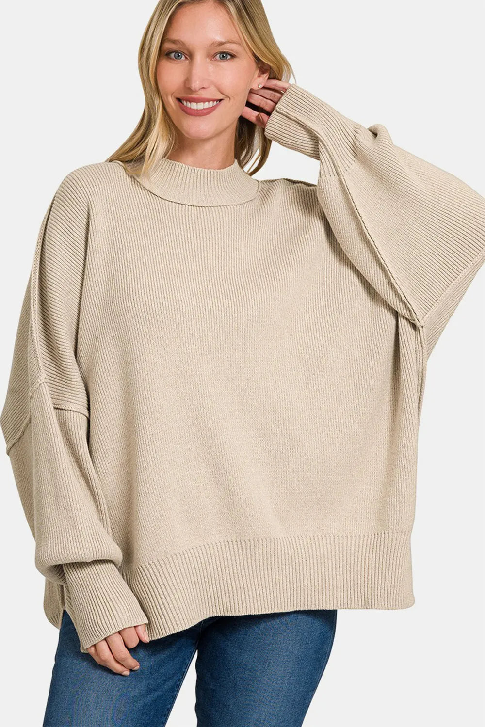 Zenana Side Sit Oversize Sweater H Beige