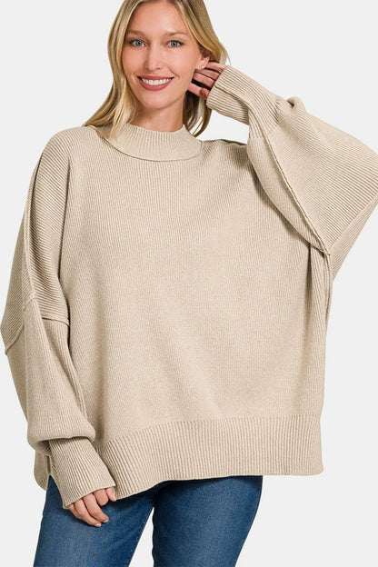 Zenana Side Sit Oversize Sweater H Beige