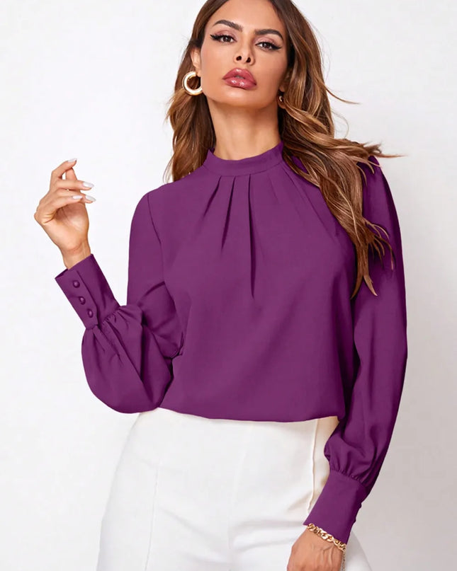 Ruched Mock Neck Long Sleeve Blouse 