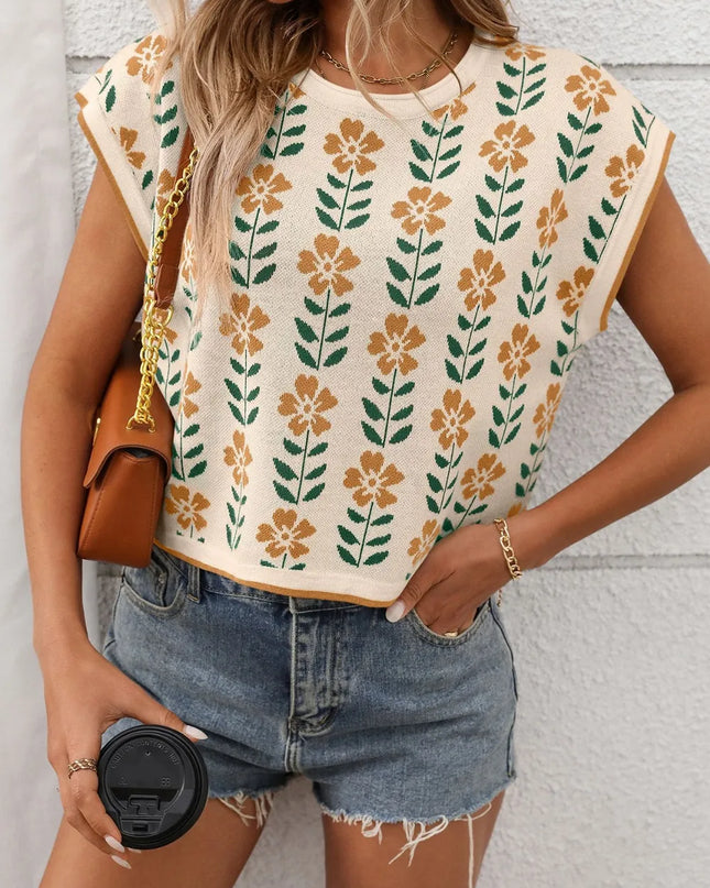 Flower Round Neck Short Sleeve Knit Top