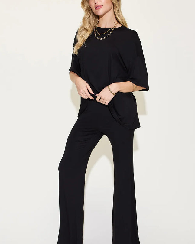 Basic Bae Full Size Bamboo Drop Shoulder T-Shirt and Flare Pants Set Black