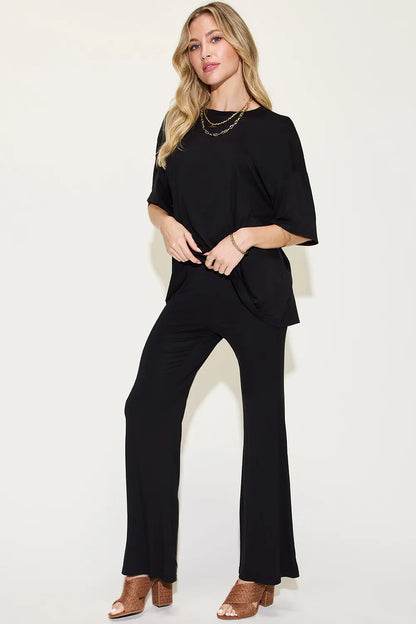 Basic Bae Full Size Bamboo Drop Shoulder T-Shirt and Flare Pants Set Black