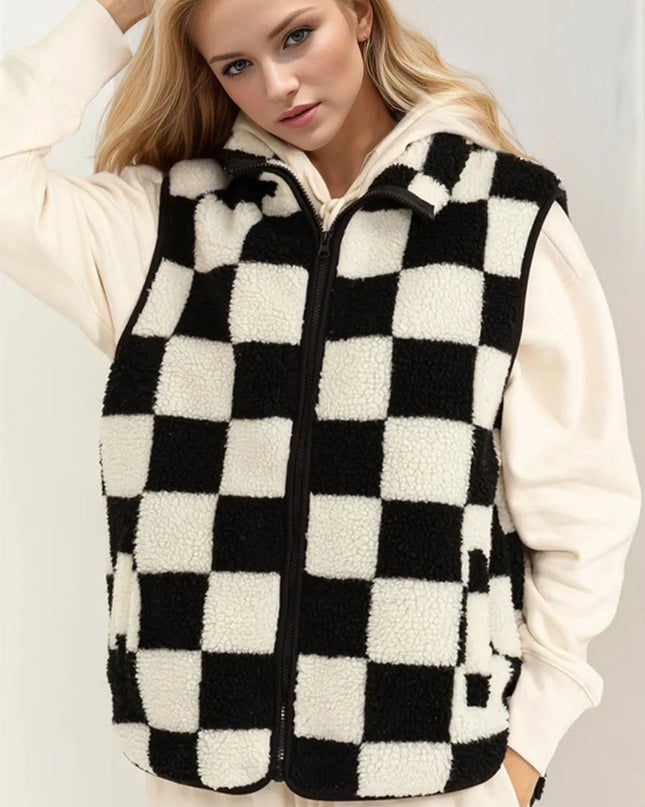 Double Take Full Size Zip Up Checkered Vest Cost Black