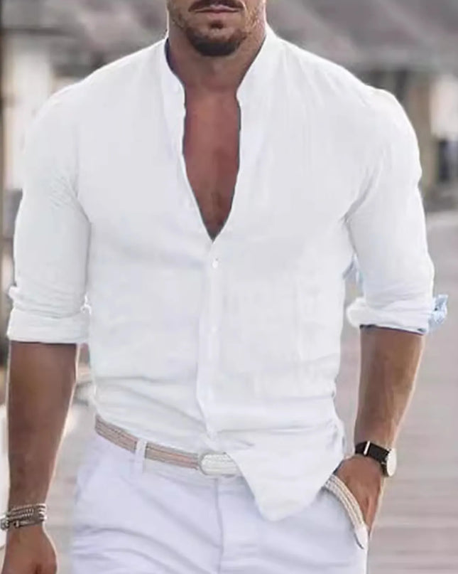 Men's Full Size Stand Collar Button Down Shirt Plus Size White