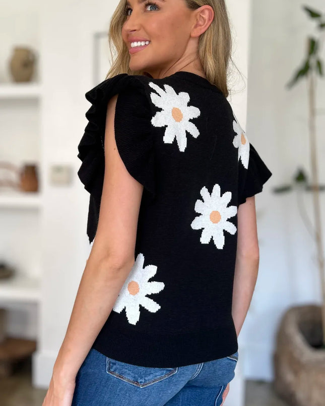 Double Take Full Size Ruffled Flower Round Neck Cap Sleeve Sweater