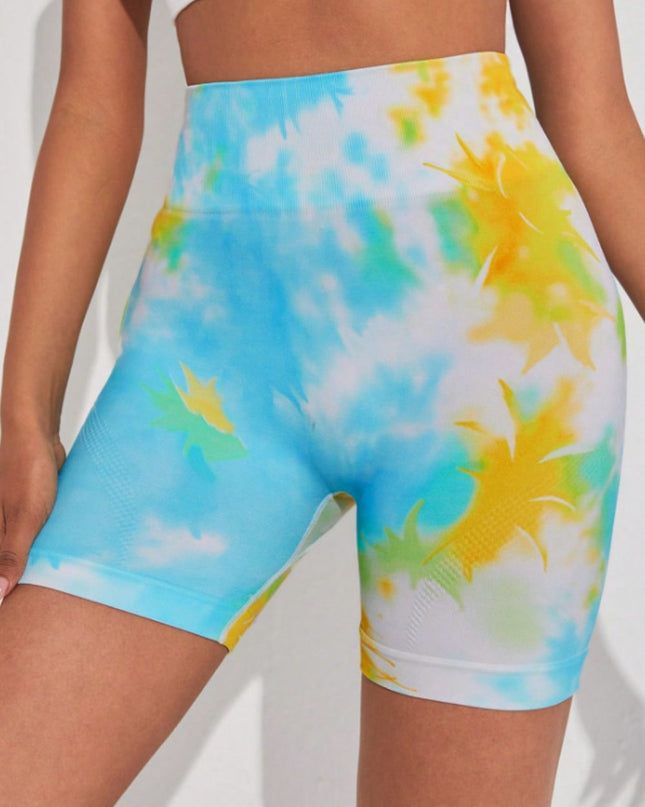 Tie-Dye Wide Waistband Sports Shorts Light Blue