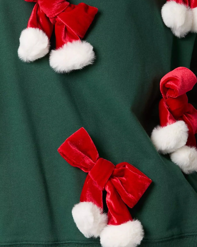 Christmas Long Sleeve Sweatshirt with Pom-Pom Bow Decoration