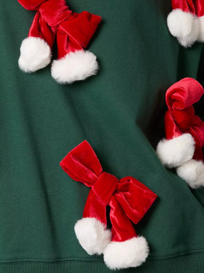 Christmas Long Sleeve Sweatshirt with Pom-Pom Bow Decoration