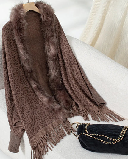 Fringe Leopard Open Front Long Sleeve Poncho Brown One Size