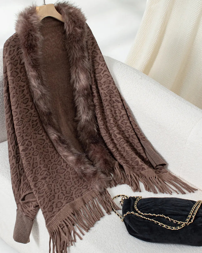 Fringe Leopard Open Front Long Sleeve Poncho Brown One Size
