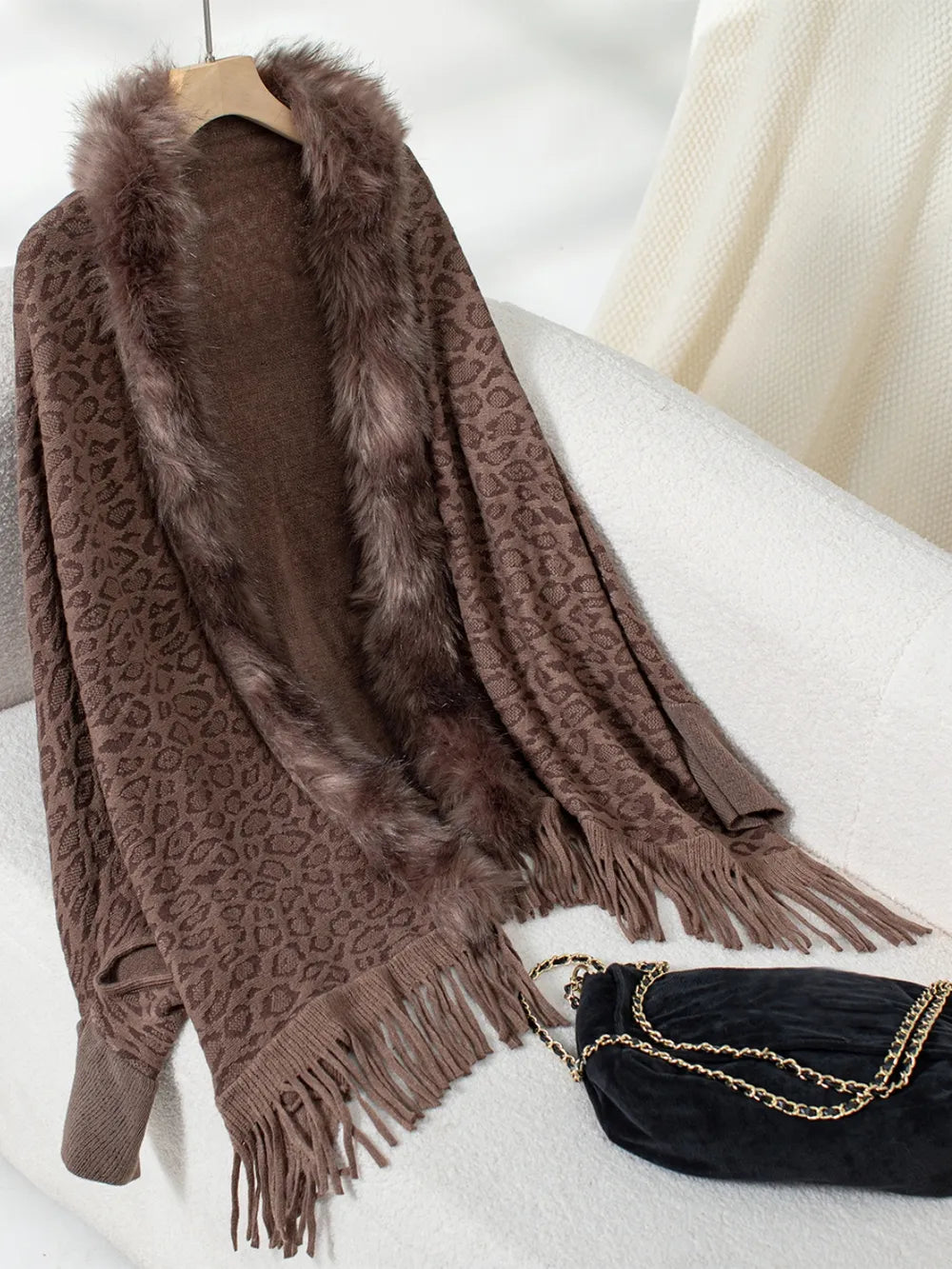 Fringe Leopard Open Front Long Sleeve Poncho Brown One Size