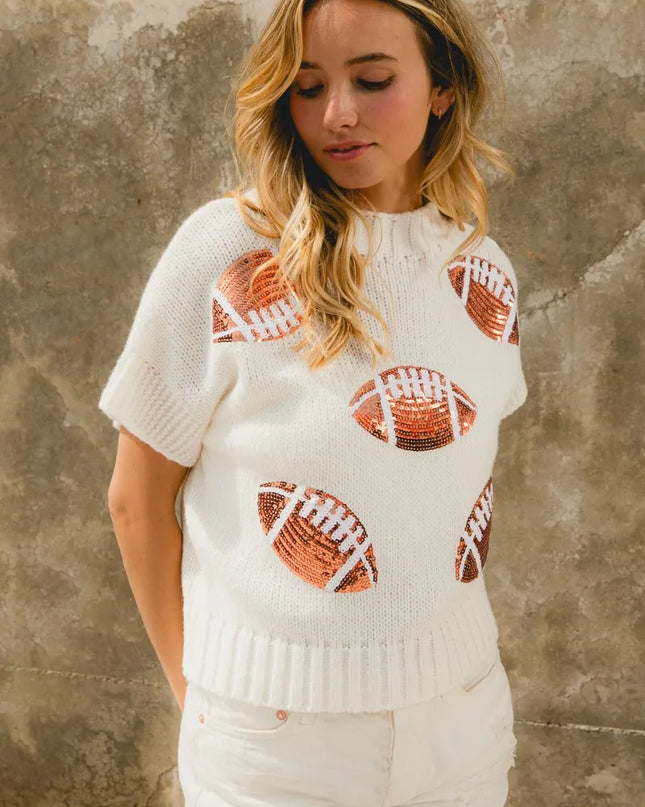 BiBi Gameday Sequin Football Patches Rib Banded Sweater