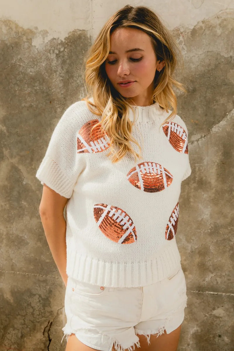 BiBi Gameday Sequin Football Patches Rib Banded Sweater