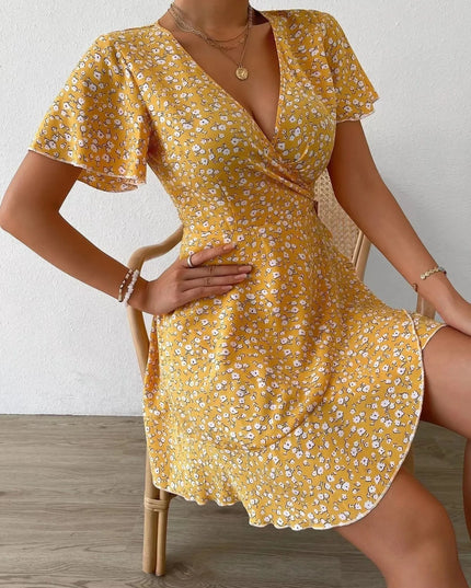 Floral Flutter Sleeve Wrap Mini Dress Gold