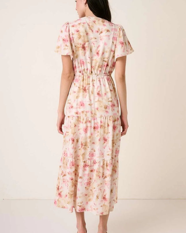 Mittoshop Flower Print Flutter Sleeve V Slit Maxi Dress