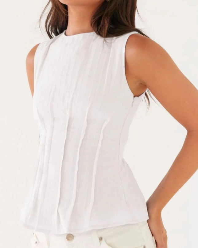 Back Lace Up Sleeveless Top with Cinched Waist Design White