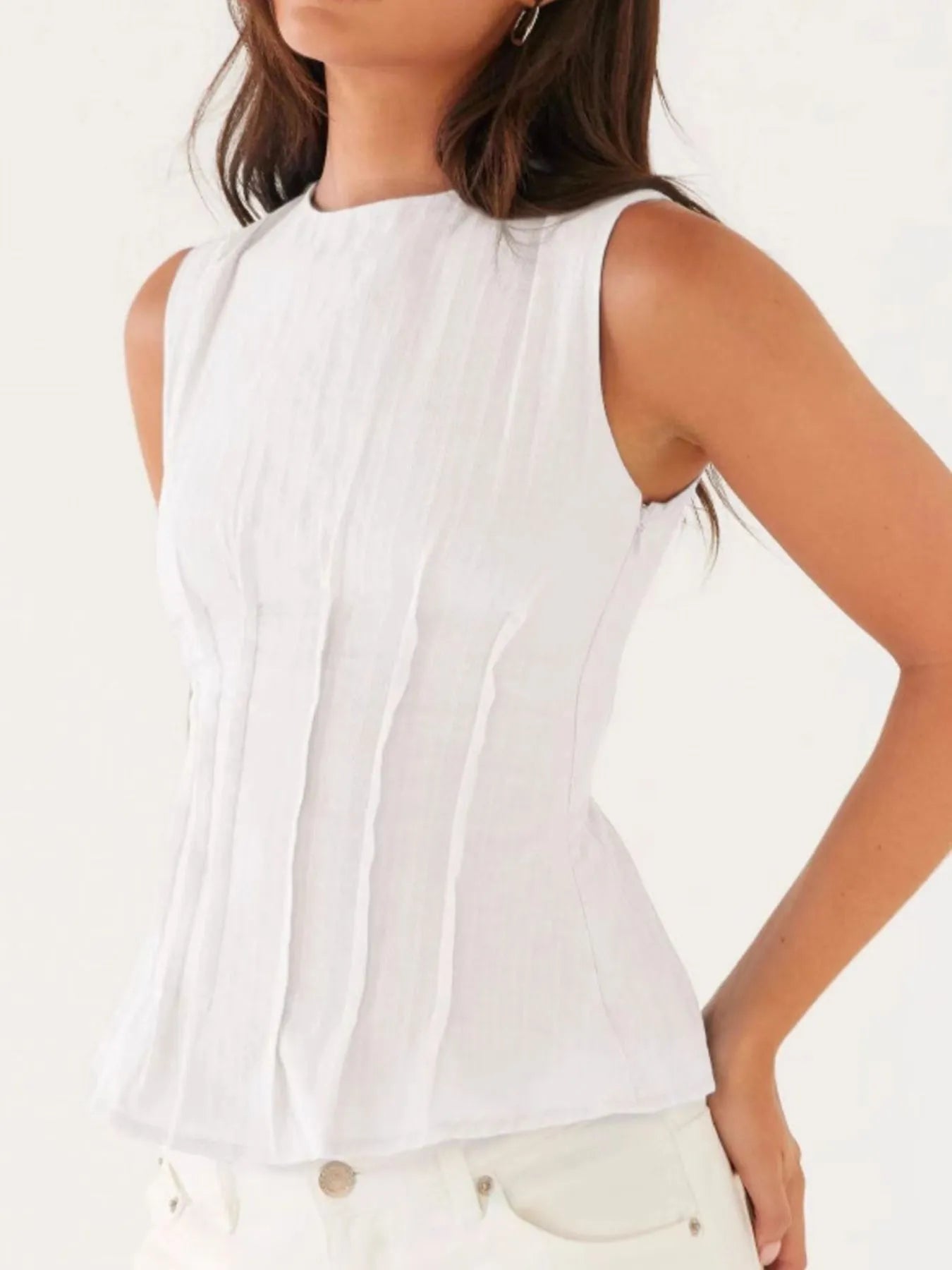 Back Lace Up Sleeveless Top with Cinched Waist Design White