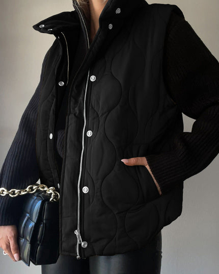 Collared Neck Vest with Pockets Black
