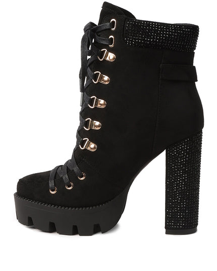 Birch Diamante Set Block Heeled Ankle Boot Black