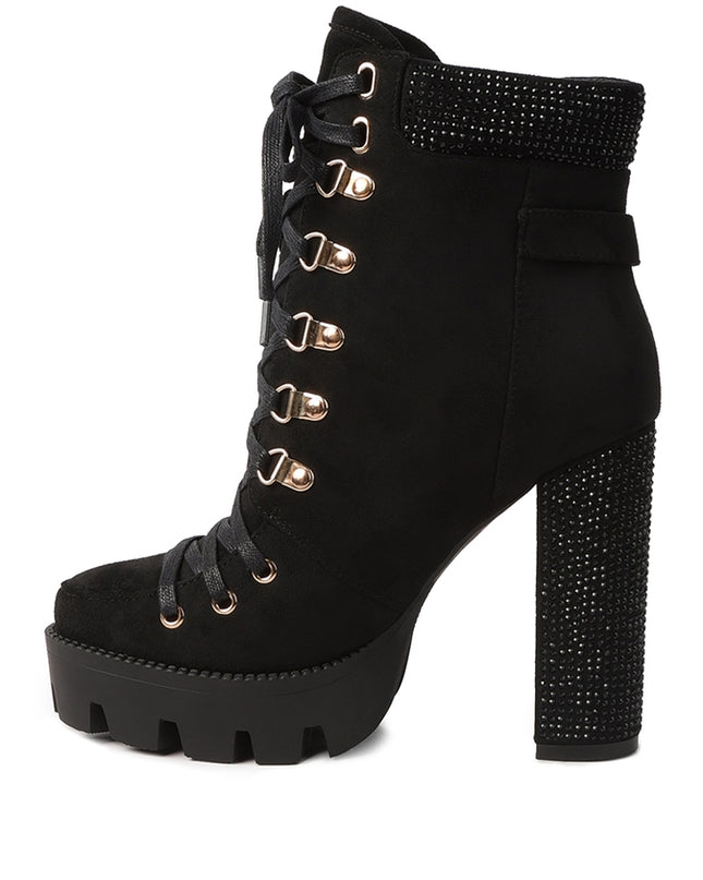 Birch Diamante Set Block Heeled Ankle Boot Black