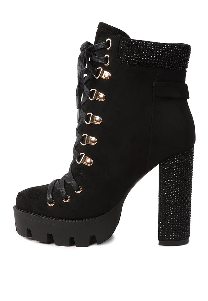 Birch Diamante Set Block Heeled Ankle Boot Black