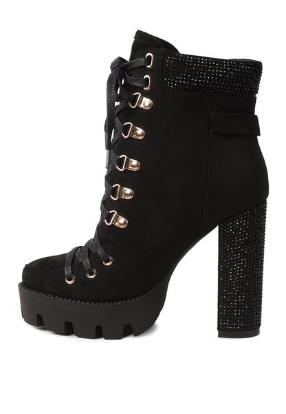 Birch Diamante Set Block Heeled Ankle Boot Black