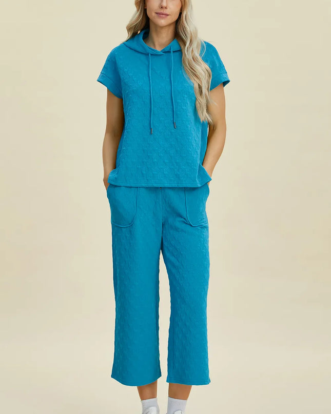 Double Take Full Size Texture Drawstring Short Sleeve Hoodie and Pocketed Pants Set Cerulean