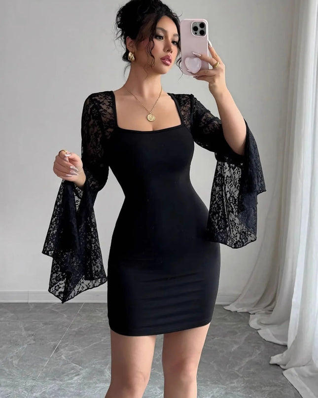 Square Neck Lace Bell Sleeve Bodycon Dress