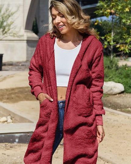 Double Take Full Size Hooded Teddy Bear Jacket with Thumbholes Deep Red