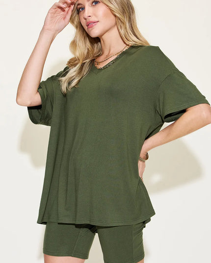 Basic Bae Full Size V-Neck Drop Shoulder T-Shirt and Shorts Set 