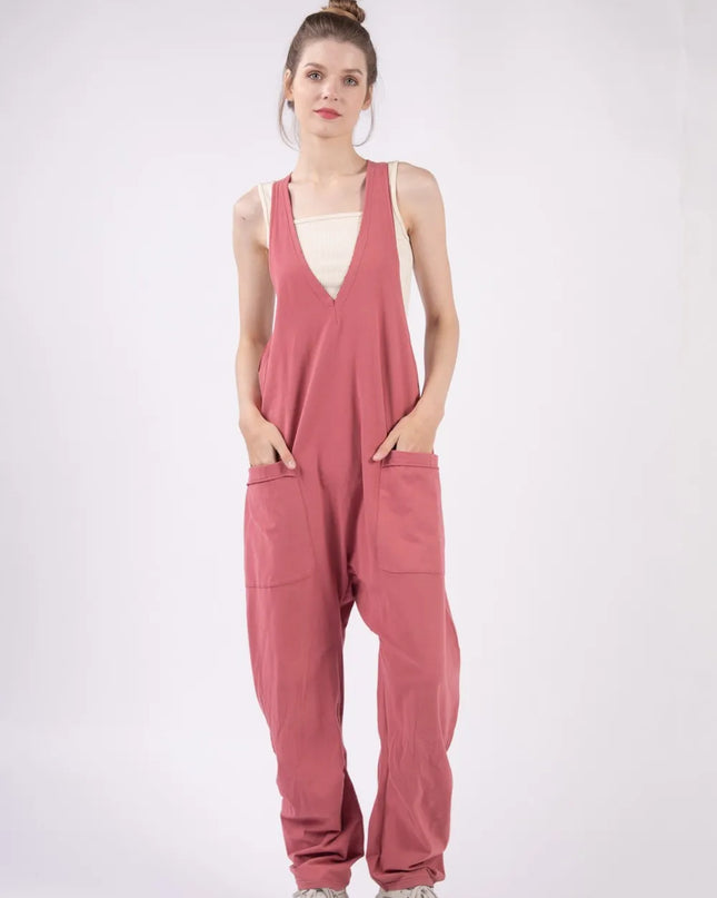VERY J Plunge Sleeveless Jumpsuit with Pockets Brick
