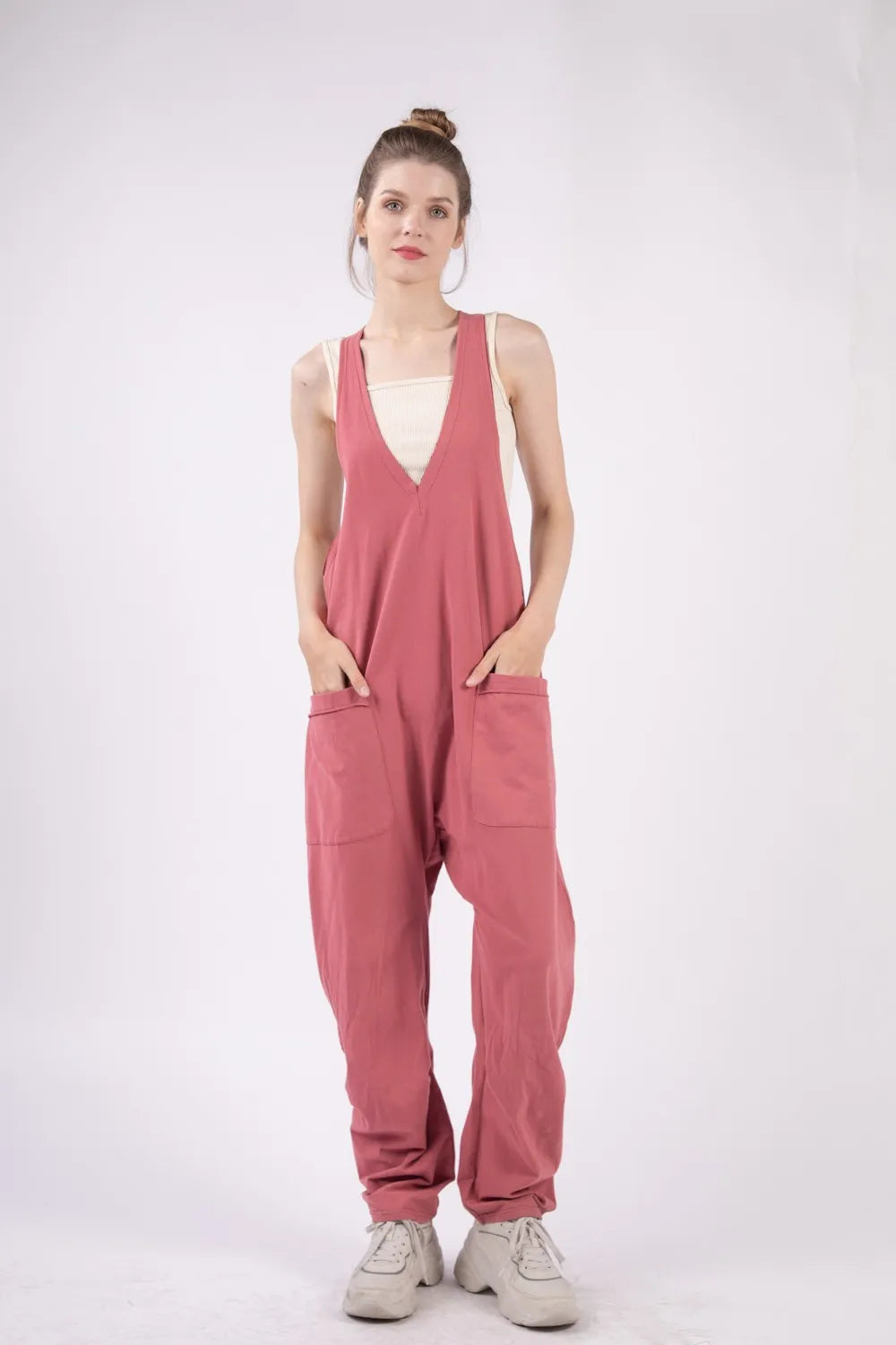 VERY J Plunge Sleeveless Jumpsuit with Pockets Brick