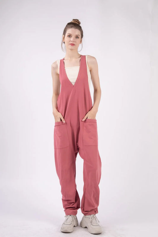 VERY J Plunge Sleeveless Jumpsuit with Pockets Brick