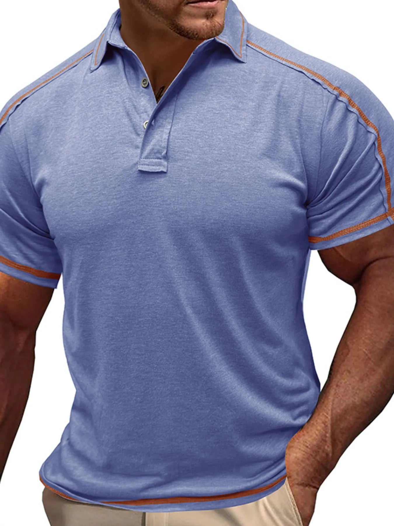 Men's Collared Neck Polo Shirt with Contrast Piping Light Indigo