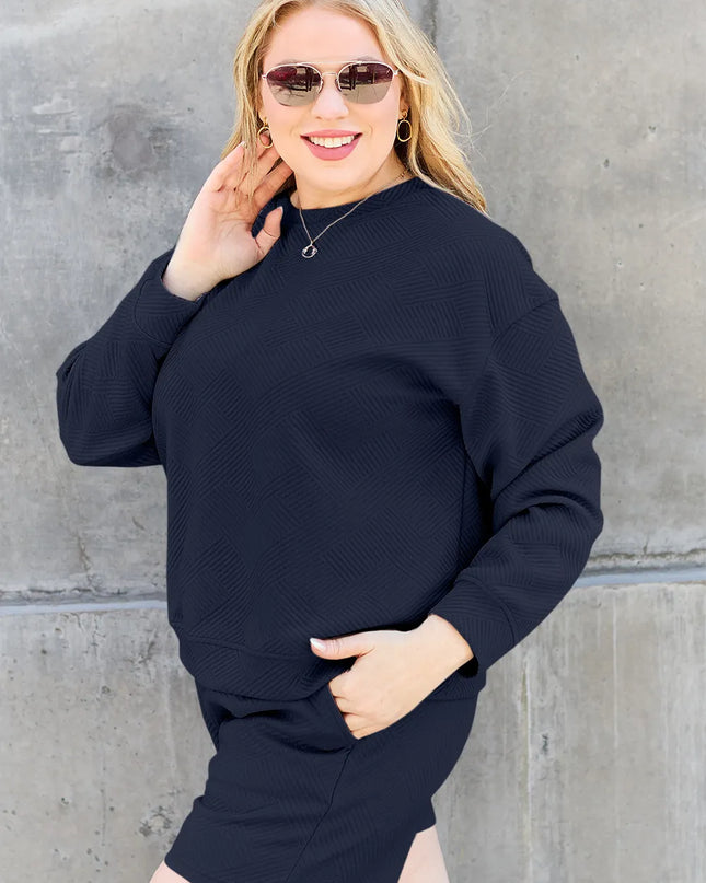 Double Take Full Size Texture Long Sleeve Top and Drawstring Shorts Set