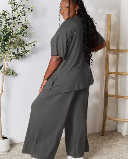 Double Take Full Size Round Neck Slit Top and Pants Set