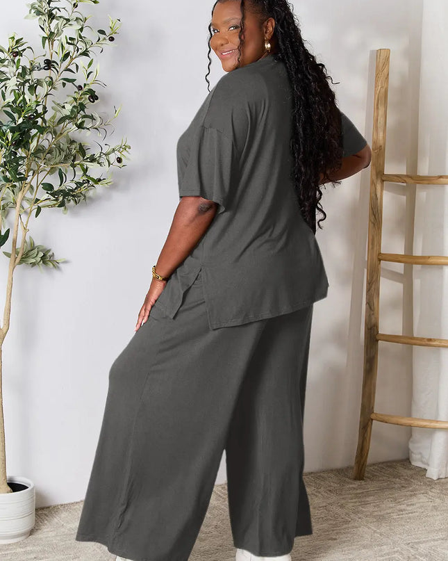 Double Take Full Size Round Neck Slit Top and Pants Set