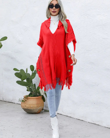 Fringe Trim Buttoned Hooded Poncho Red One Size