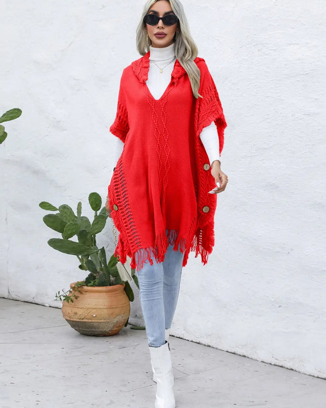Fringe Trim Buttoned Hooded Poncho Red One Size