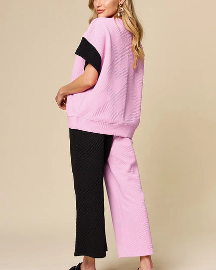 Double Take Full Size Texture Contrast T-Shirt and Wide Leg Pants Set